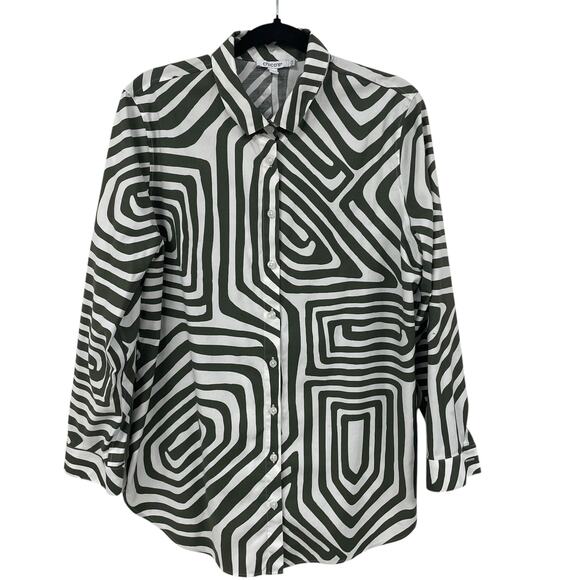 Chico's Long Sleeve Green White Abstract Geo Print Button Down Womens 14 - Picture 1 of 8
